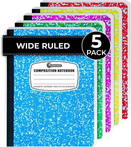 Rosmonde 5 Pack Composition Notebook Wide Ruled, 200 Pages (100 Sheets), 9-3/4x7-1/2, Notebooks for Work, Back to School Supplies, Hard Cover Composition Books, Notebooks for Women, Colors May Repeat