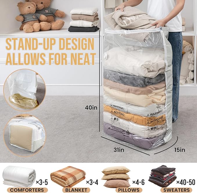 TAILI 12 Pack Vacuum Storage Bags, Space Saver Bags, Jumbo Cube 31x40x15 Inch, Extra Large Vacuum Seal Bags for Comforters, Blankets, Bedding, Clothing, Space Saving Closet Organization, Cream