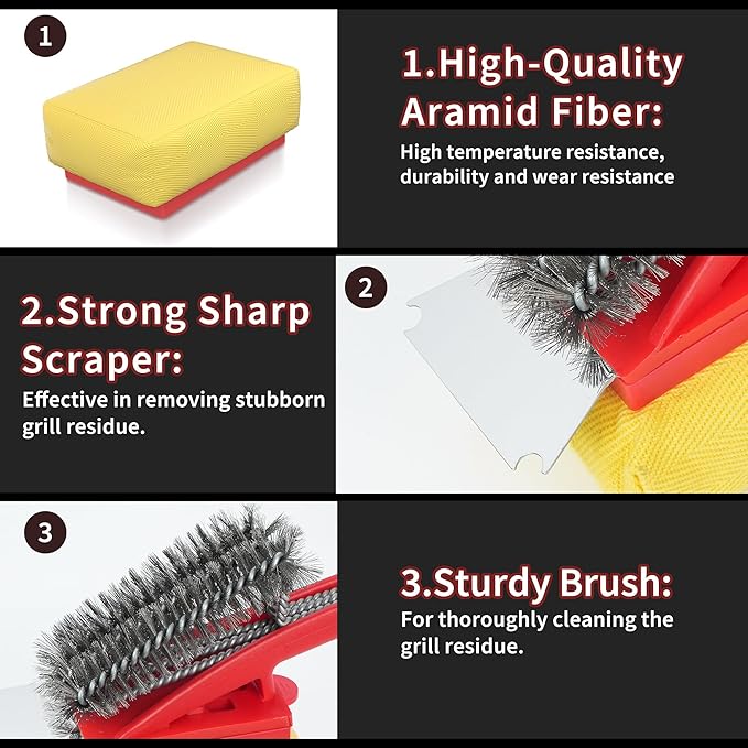 BBQ Grill Brush with Scraper-Removable BBQ Clearning Brush Head with Wire Bristles Brush & 2 Steam Brush-Red Grill Cleaner Brush Accessories for Gas/Charcoal Grilling Grates-Gifts for Grill Men
