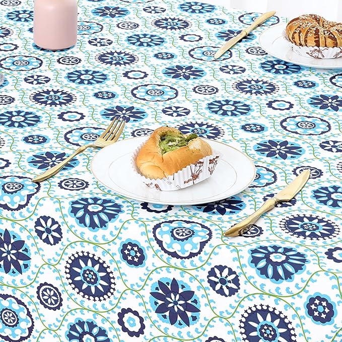 misaya Rectangle Waterproof Vinyl Table Cloth, Wipeable Tablecloth with Flannel Backing, Plastic Table Cover for Dinner, Picnic, Indoor and Outdoor (Navy Mandala, 60" x 120")