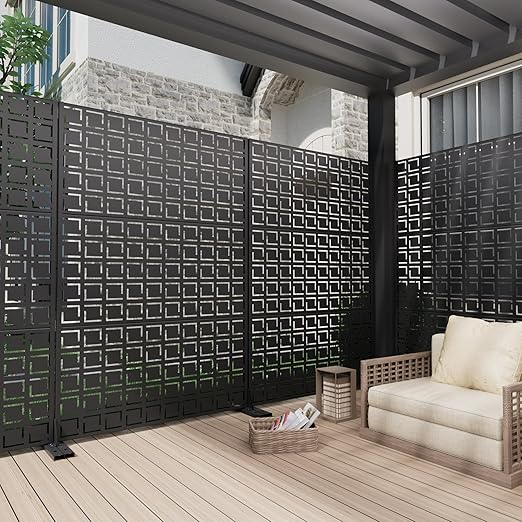 Casaphoria Metal Privacy Screen Outdoor, 72" H x 47" W Freestanding Decorative Privacy Screen for Patio Deck Balcony Garden with Stable Base, Frederick Black