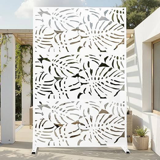 Casaphoria 72" H x 47" W Metal Outdoor Privacy Screen, Freestanding Decorative Divider for Patio, Deck, Balcony, and Garden with Stable Base, White-Summer