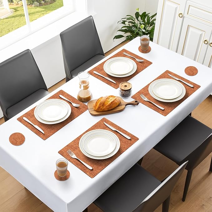 MOSAYT Faux Leather Placemats Set of 6, Heat Resistant Wipeable Washable Vinyl Place Mats with Coasters, Waterproof Oil Proof Table Mats for Kitchen Dining Party Indoor Outdoor, 12" x 17", Orange