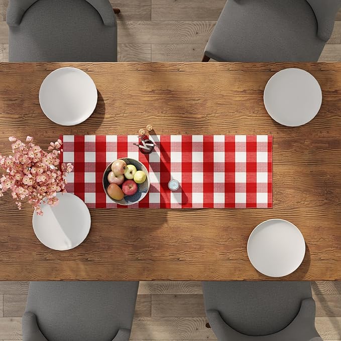 Encasa XO Cotton Dining Table Runner | Buffalo Red Checks | Size 13x36 in - Machine Washable & Durable