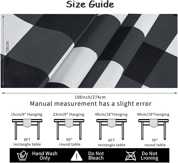 Fabric Checkered Table Runner 12 Pack Waterproof Gingham Table Runner 14W x 108L Buffalo Check Table Runners for Parties Kitchen Dining Wedding Banquet (Black and White)