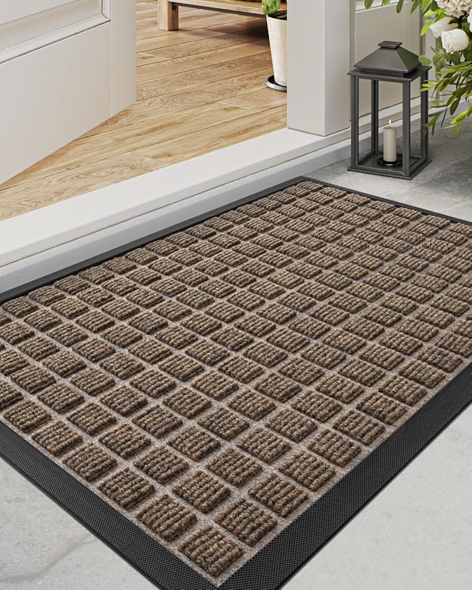 DEXI Front Door Mat Outside Entrance, 17x29 Rubber Entry Doormat Heavy Duty, Welcome Mats Non Slip for Inside House Floor Entryway Double Doors Exterior Patio, Checkered Brown