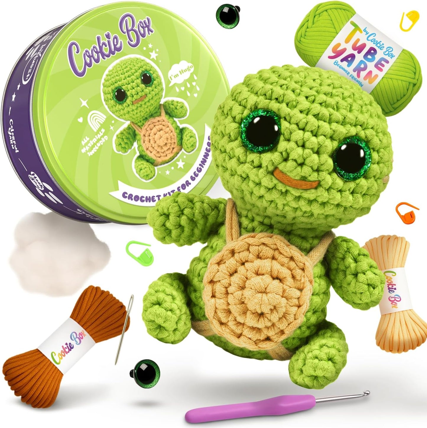 Cookie Box Crochet Kit for Beginners – Gift Set to Make Turtle Hugo Amigurumi Plushie – Easy DIY Crochet & Knitting Starter Kit with Video and PDF Tutorials
