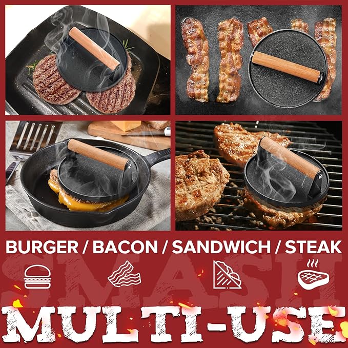 Smash Burger Press kit, Heavy-Duty Cast Iron Round Grill Bacon Press with Wood Handle, 3 in 1 Hamburger Press Patty Maker Tools, Cleaning Pad Set for Blackstone Griddle Flat Top Cooking