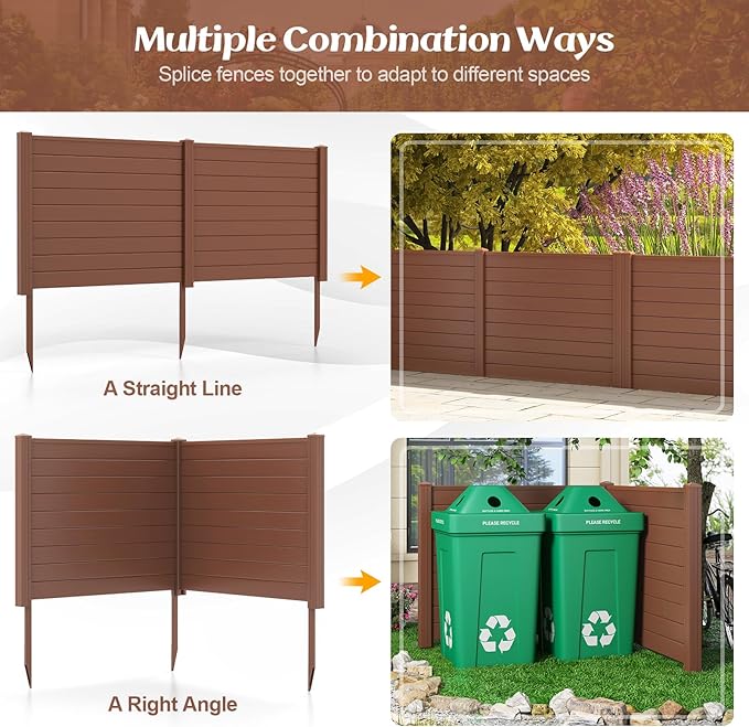 Giantex 2 Panels Air Conditioner Fence, 48''W x 36''H Outdoor Privacy Screen with 3 Stakes, Decorative Trash Can Enclosure, PVC Vinyl Freestanding Fences for Garden Lawn AC Unit Pool Pump, Brown