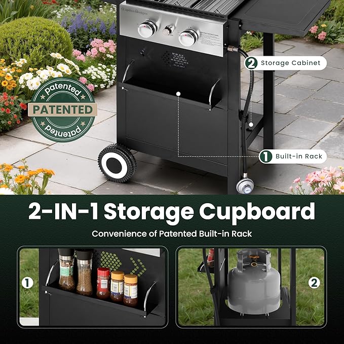 GREEN PARTY 2 Burner Griddle Grill Combo, 2 in 1 Propane Gas BBQ Grill w/Cast Iron Plate, 20,000 BTU Output Small Flat Top Propane Barbecue Grill for Camping, Patio, Backyard, Balcony