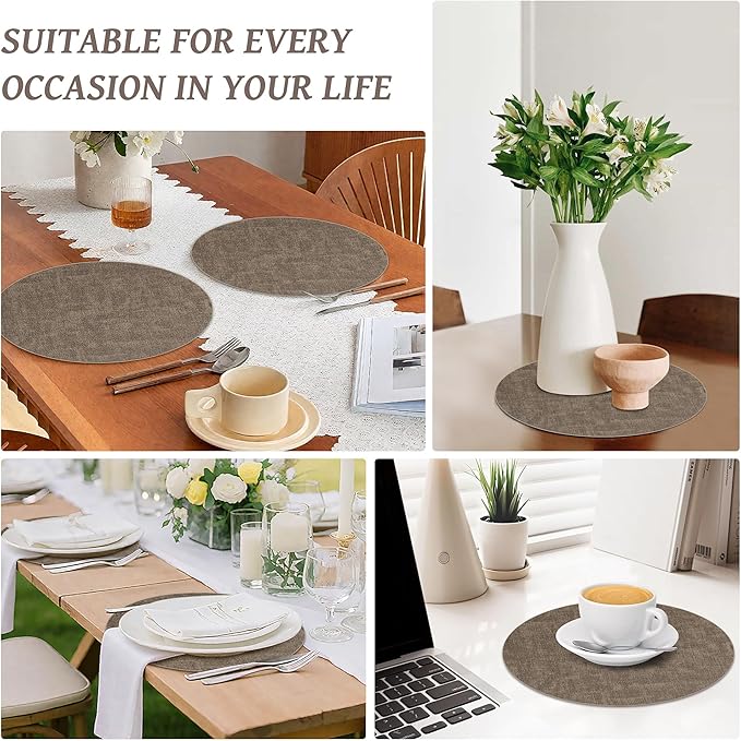 13" Round Placemats Set of 4, Reversible Faux Leather Heat Resistant Table Mats, Waterproof Oilproof Wipeable Table Protective Placemats for Vinyl, Washable for Indoor & Outdoor Use (4, Dark Coffee)