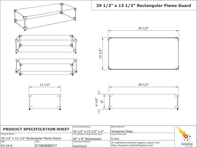 Celestial 29" x 13" x 6" Wind Guard, fits Celestial 24”x 8” Fire Pit Burner Pans