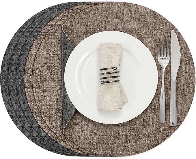 Myir JUN Round Placemats, Dual Sided Faux Leather Place Mats Set of 6 Indoor/Outdoor Non-Slip Washable Table Mats (Gray Brown, Set of 6)