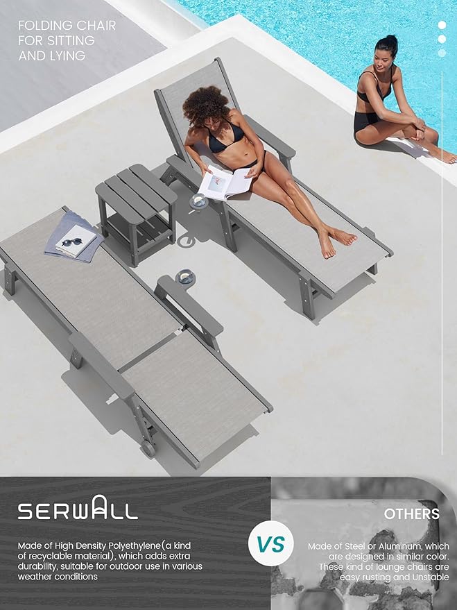 SERWALL Textilene Patio Chaise Lounge Chair Set of 2, 5 Positions Outdoor Lounger with Rolling Wheels for Pool, Deck, Grey
