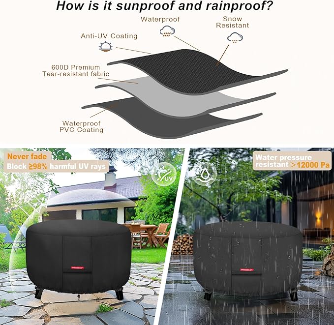 Porch Shield Fire Pit Cover - Waterproof 600D Heavy Duty Fade Resistant Round Patio Fire Bowl Cover Black - 44 inch