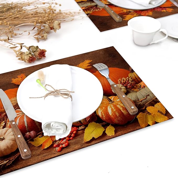 Orange Pumpkins Linen Placemats Set of 6,12x18 Inch Fall Thanksgiving Washable Table Mats Heat Resistant Place Mats for Home Party Kitchen Dining Decoration