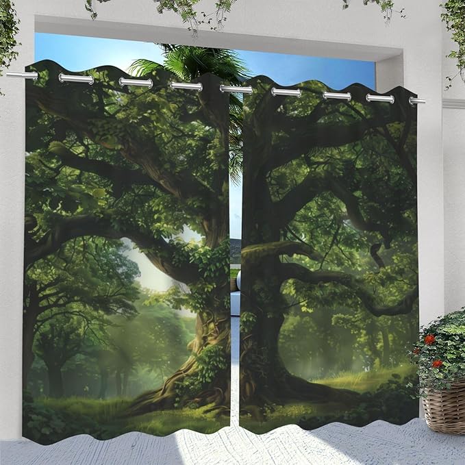 Nature Theme Waterproof Indoor/Outdoor Curtains,Forest Pattern,UV and Fade Resistant Outside Curtains for Gazebo, Front Porch, Pergola,2 Panel,54 x 96 inch,Green