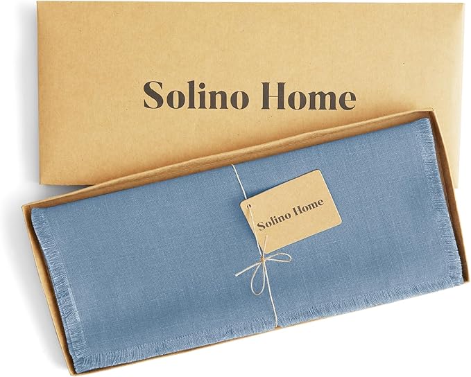 Solino Home Linen Dusty Chambray Blue Table Runner 108 Inches Long - Fringe, 100% Pure Linen 14 x 108 Inch Table Runner for Winter, Spring, Easter