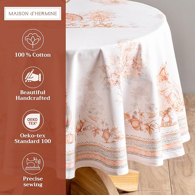 Maison d' Hermine Table Cloth Round Table 100% Cotton 69 Inches Fall Tablecloth Reusable Everyday Use for Thanksgiving Christmas Decorations Dining Farmhouse Party (Giving Thanks)