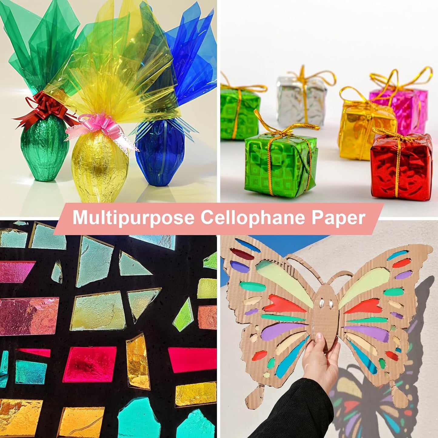 PEASUG 120 PCS Cellophane Sheets, Cello Sheets, Cellophane Paper Sheets, Colored Cellophane Wrap, Transparent Plastic Sheets for DIY Crafts Project, Art, Lights, Window Decoration（7.5x7.5 Inches)