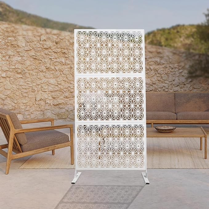 75" H×35" W Decorative Outdoor Privacy Screen with Stand, Outdoor Decor Privacy Fence Screen Metal Fence Panels, Free Standing Metal Divider for Patio Lawn Deck (White-Small Snowflake)
