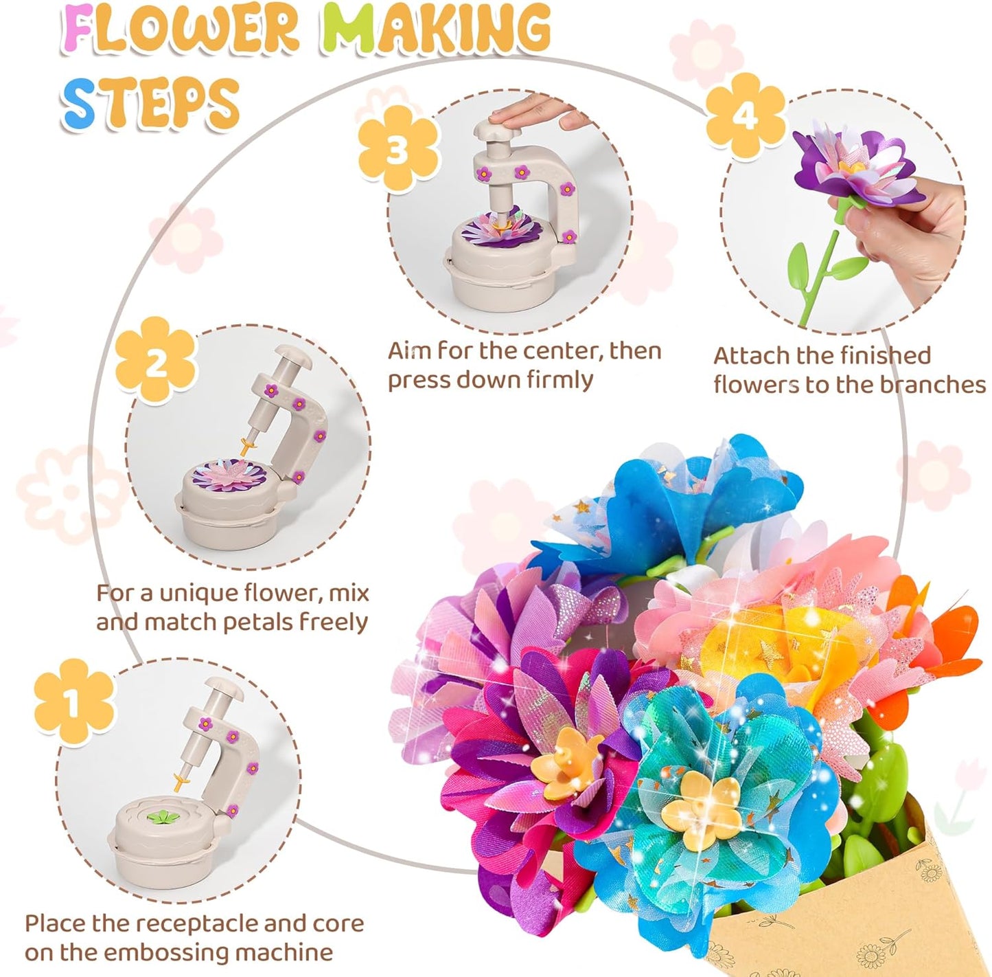 Fabric Flower Bouquets Toys,DIY Craft Kits for Kids,Arts and Crafts Toy for 3+ Year Old Girls,Flowers Market Toy,Build Your Flower Bouquet,Educational Preschool Learning Toys for Birthday,Christmas