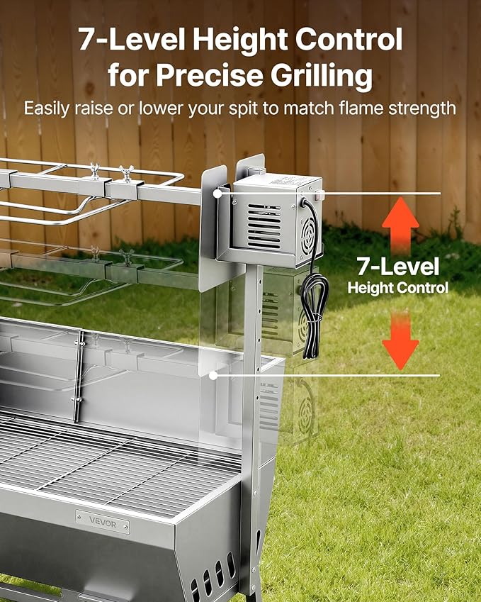 VEVOR Rotisserie Grill, 46in BBQ Outdoor Pig & Lamb Spit Roaster, Charcoal Spit Roaster with 132 LBS Capacity, Wheels, 4-Level Height, Stainless Steel Electric Rotisserie Grill Kit for Camping Outdoor