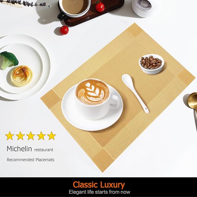 Placemats Set of 12 Washable&Wipeable Place mats for Dining Table Kitchen Indoor Outdoor Table Mats Heat Resistant Non Slip Woven Vinyl Table Placemats (Gold，12PCS)