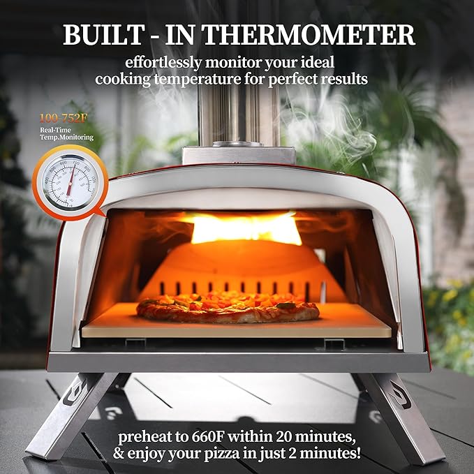 PIZZELLO 13" Outdoor Pizza Oven Propane Wood Fired Outdoor Foldable Pizza Ovens with Gas Burner, Wood Tray Pizza Stone, Pizza Peel, Cover