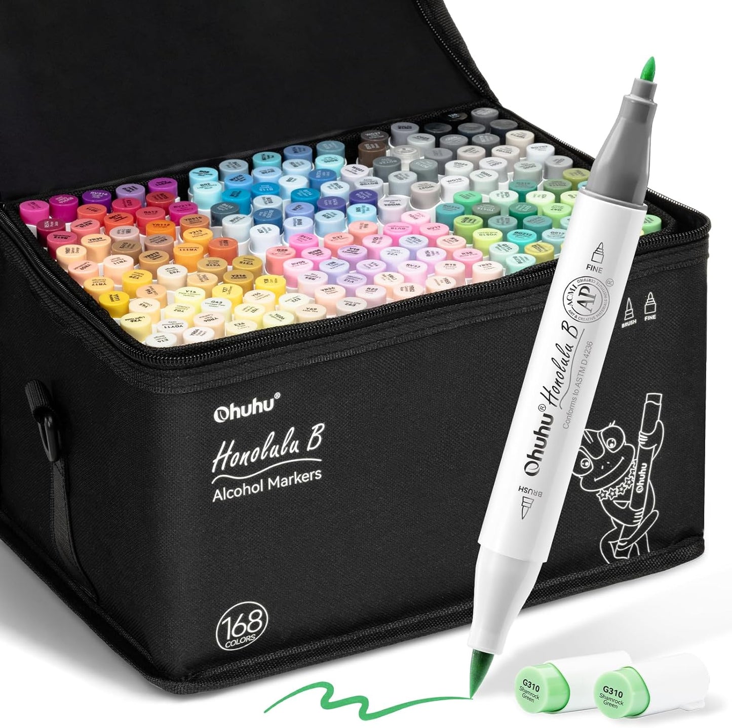 Ohuhu Alcohol Markers Brush Tip: 168-Color Double Tipped Art Marker Set for Artist Adults Coloring Illustrations -Honolulu B -Brush & Fine -Refillable