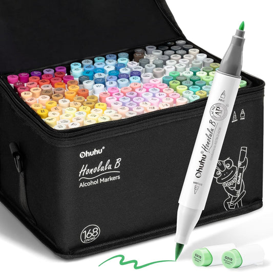 Ohuhu Alcohol Markers Brush Tip: 168-Color Double Tipped Art Marker Set for Artist Adults Coloring Illustrations -Honolulu B -Brush & Fine -Refillable