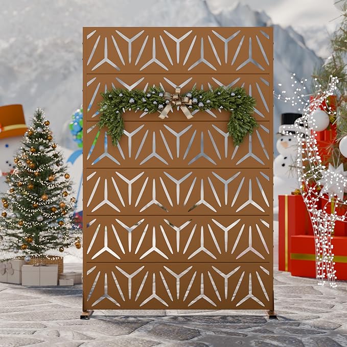 Casaphoria Metal Privacy Screen Outdoor, 72" H x 47" W Freestanding Decorative Privacy Screen for Patio Deck Balcony Garden with Stable Base, Brown Star