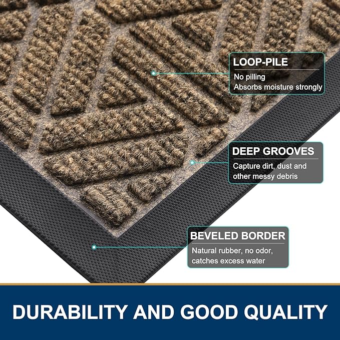 Smiry Front Door Mat Outside Entrance, Heavy Duty Sturdy Natural Rubber Doormat, Trap Dirt and Moisture, Easy Clean Low Profile Mats for Indoor Outdoor Entry, Grid Geometric (59x35, Brown)