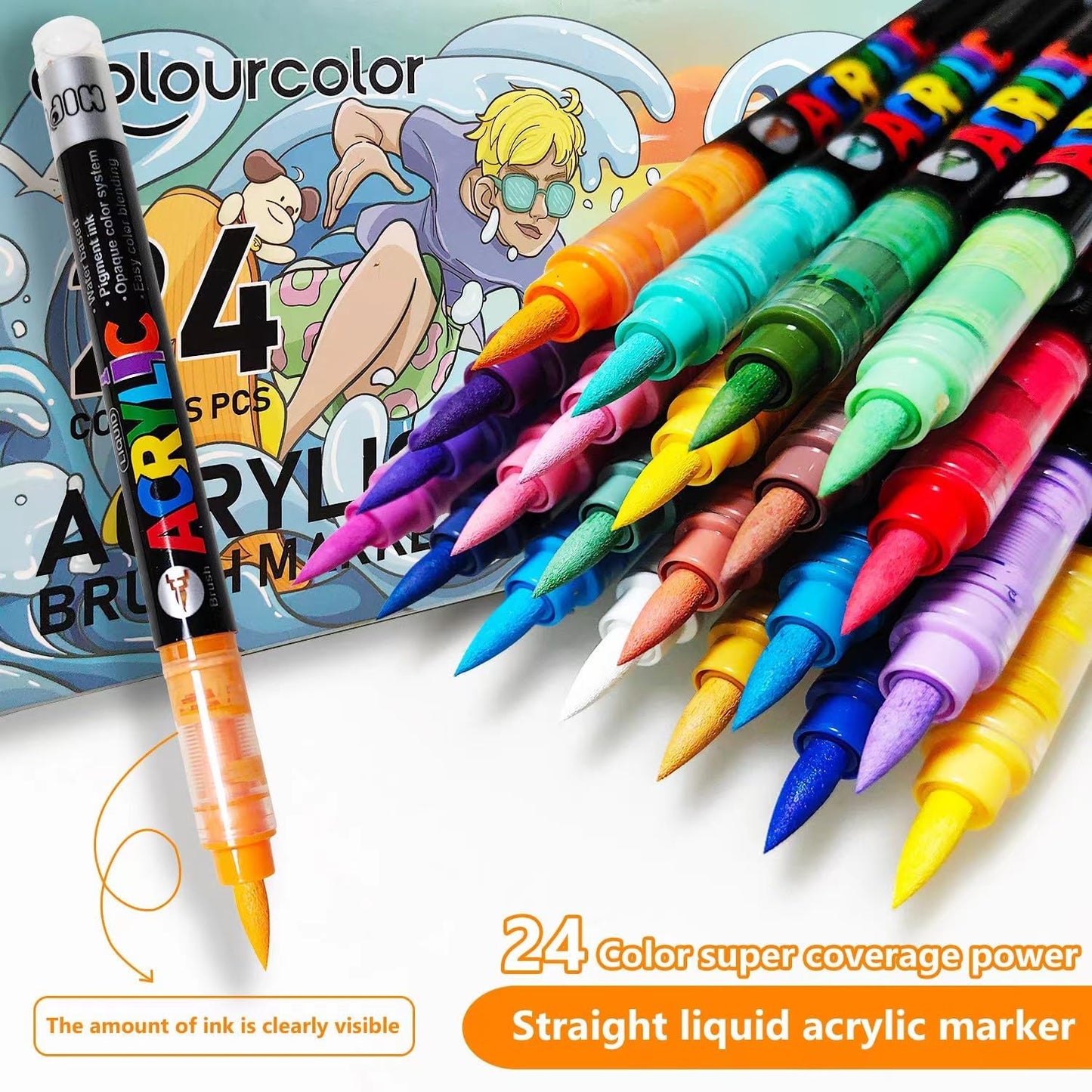 24 Colors Acrylic Paint Pens, Non-Bleeding Brush Tip Markers Pens for Glass, Canvas, Stone, Rock Painting, Wood, Ceramic Surfaces, DIY Crafts Making Art Supplies