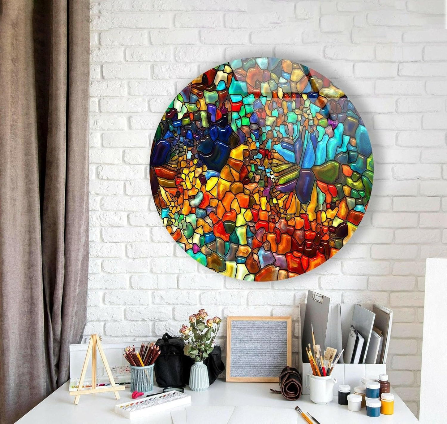 My Photostation.com 24''(60cm) Diameter Red Mosaic Round Glass Wall Art Tempered Glass Printing Wall Decor Large Wall Art Wall Hangings