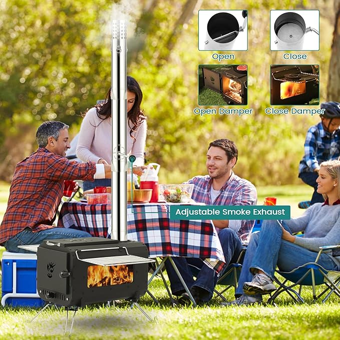 Wood Burning Stove, Hot Tent Stove, Folding Portable Wood Stove for Tent, Cooking, Hiking, Camping Wood Stove Includes Six Chimney Pipes and View Glass, Black