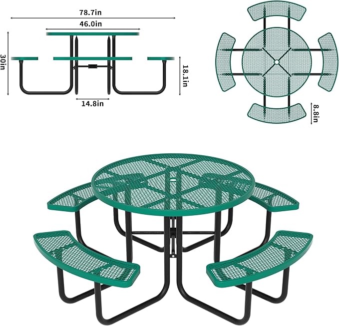 46'' Round Metal Picnic Table for Outdoors, Commercial Steel Metal Picnic Tables, Heavy Duty Sturdy Picnic Tables Furniture Set for Patio Garden Courtyard BBQ, with Umbrella Hole, Green