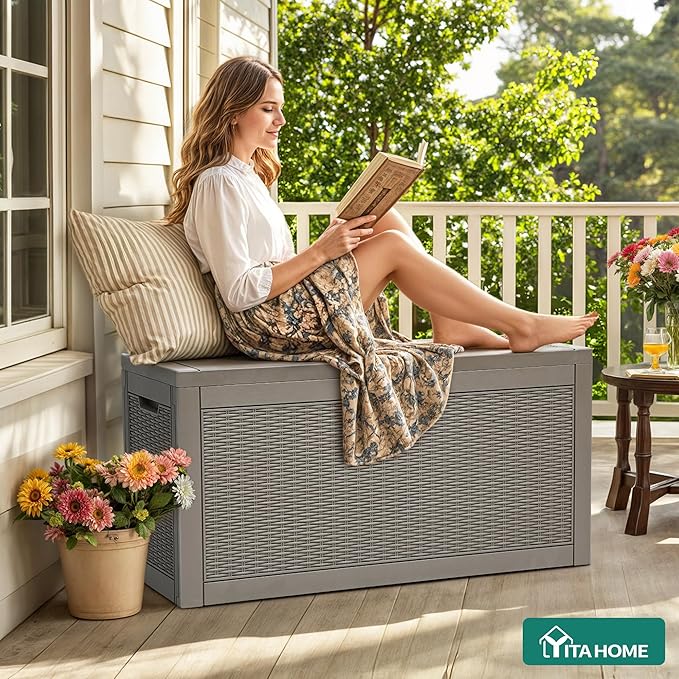 YITAHOME 60 Gallon Resin Deck Box, Weather Resistant Outdoor Rattan Storage Box, Lockable Indoor Outdoor Storage for Supplies and Essentials, Taupe