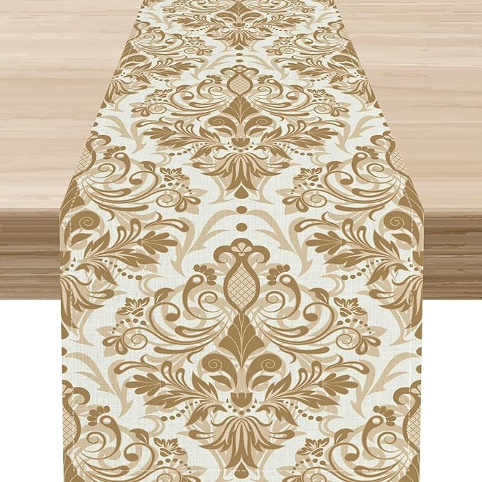 Damask Table Runner, Rustic Gothic Gold Baroque Style Floral Bohemian Boho Flower Antique Vintage Coffee Table Center Decor for Kitchen and Dining Outdoor Country Party Table Decorations, 13"x72"