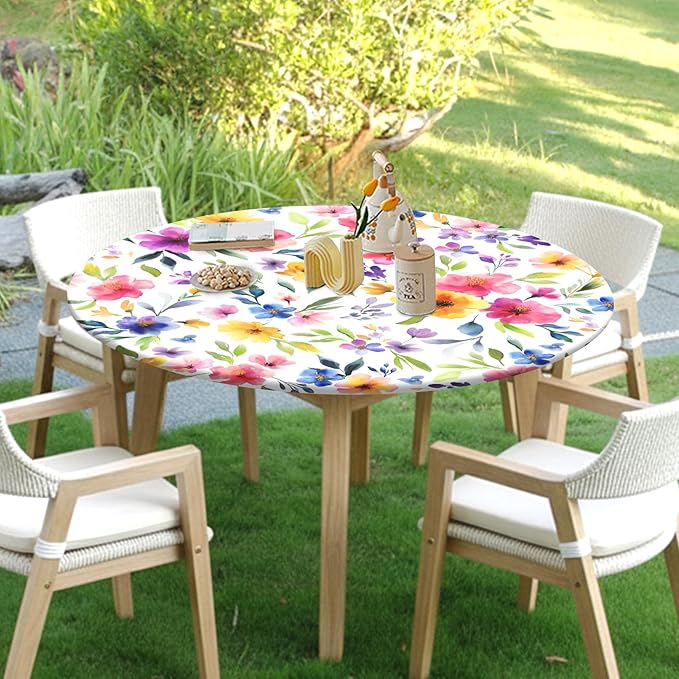 Spring Summer Floral Round Fitted Tablecloth with Elastic Watercolor Flower Outdoor Circle Table Cloth for 44-48" Tables Colorful Stretch Waterproof Washable Table Cover for Picnic Dining Party Decor