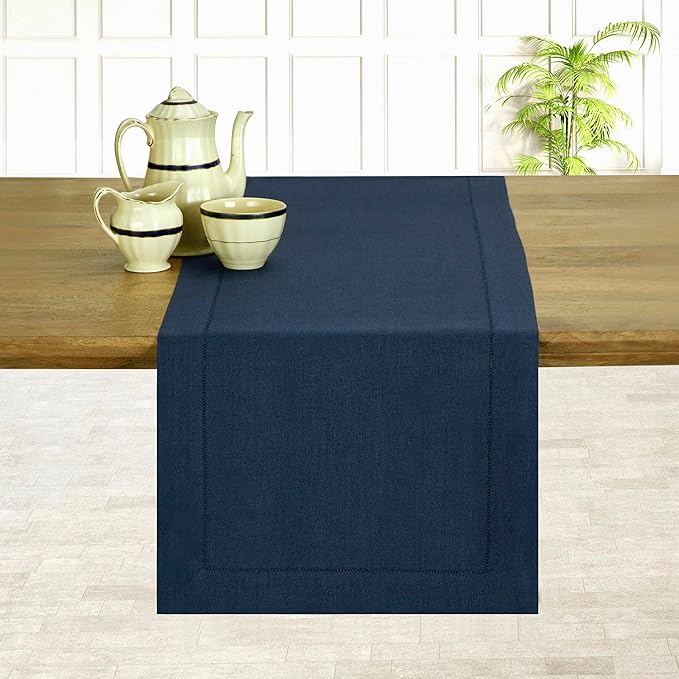 D'Moksha Homes Linen Navy Blue Table Runner 132 Inches Long - 100% Pure Linen Extra Long Table Runner 14 x 132 Inch for Easter - Classic Hemstitch