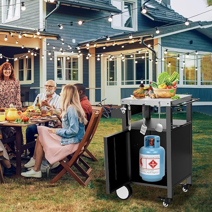 Outdoor Grill Cart with Storage, Stainless Steel Top, Movable Patio Kitchen Island, Rolling BBQ Cart, Dining Serving Cart for Family Party, Food and Others Prep Station, Black