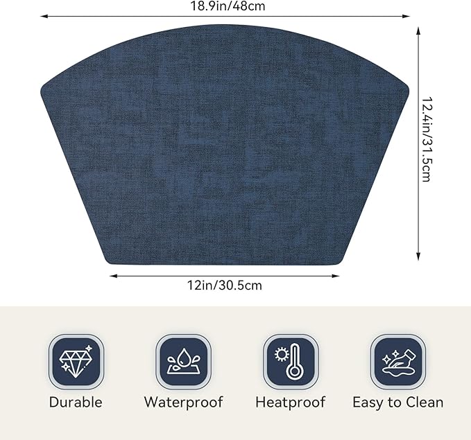 Round Table Placemats Set of 6, Faux Leather Wedge Shape Place Mats Heat Resistant Wipeable Washable Table Mats for Dining Outdoor Indoor, Dark Blue