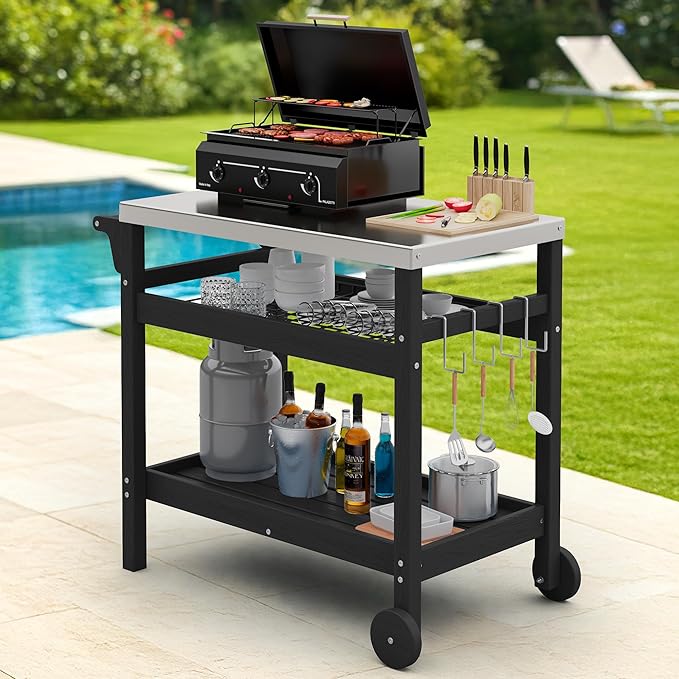 SERWALL Outdoor Grill Cart Table with Three Tier Storage Shelves, Movable Prep Cart, Weather-Resistant HDPE Material, Dining Cart Table for Outdoor Cooking, Four Hooks, Black