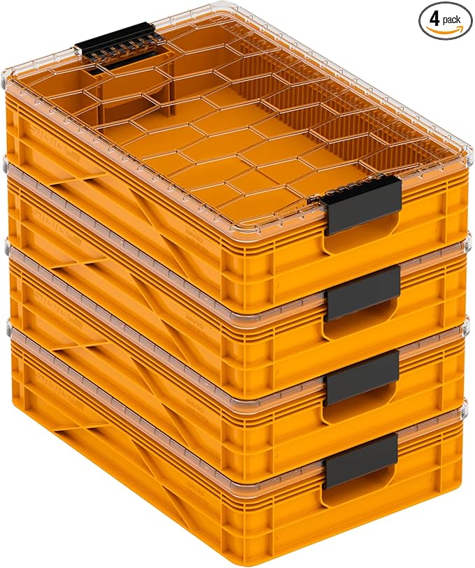 SIDIO Quarter Crate 4 Pack of Stackable Storage Bins - Organizer Bins with Dividers for Garage Organization, Home Storage - Heavy Duty Plastic Containers - 19.16” x 12.75”x 4.57” (Sol)
