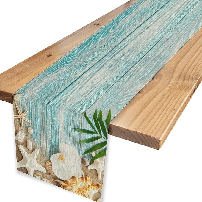 Blue Wooden Starfish Table Runner, Turquoise Tropical Summer Sandy Ocean Beach Coffee Table Center Deco, for Kitchen Family Festival Farmhouse Party and Living Room Table Decorations, 13" X 36"