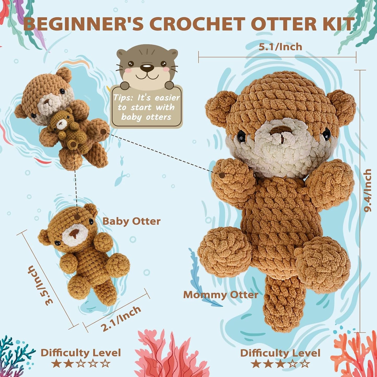 Crochetta Crochet Kit for Beginners, Crochet Starter Kit w Step-by-Step Video Tutorials, Beginner Crochet Kit for Adults Kids Women Men Complete Kit Included (Otter Mom and Baby)