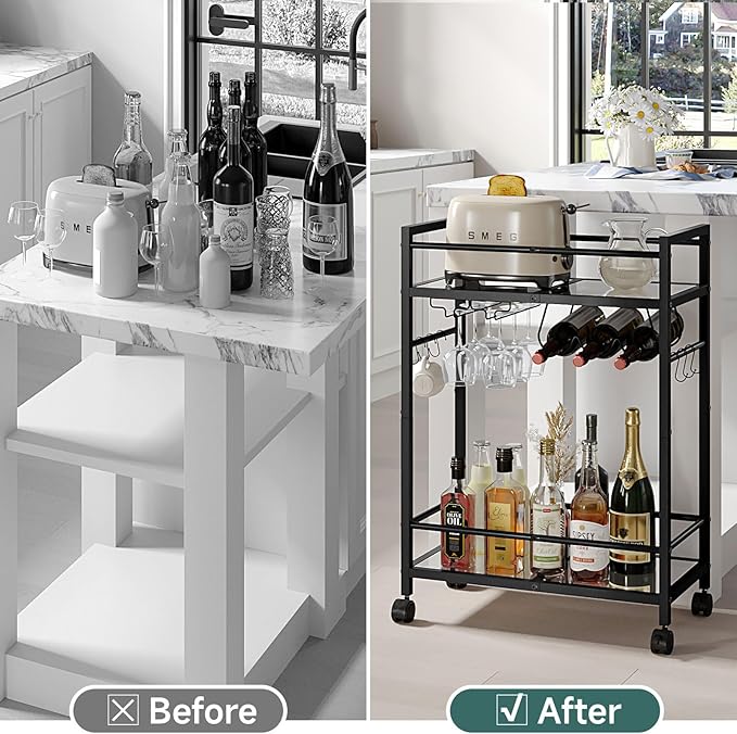 Bar Cart with Wine Rack, Serving Cart for Home, Microwave Cart, Drink Cart, Mobile Kitchen Shelf with Glass Holder, Rolling Beverage Cart for Dining Room (Black)