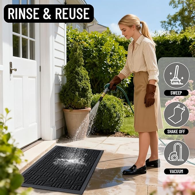 OLANLY Front Door Mat Outside Entrance 29.5x17, Absorbent, Heavy Duty Sturdy Natural Rubber Doormat Indoor Outdoor, Stain and Fade Resistant, Non-Slip Backing Low Profile Floor Mat for Entryway, Black