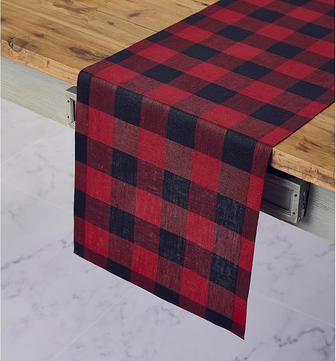 Solino Home Linen Checkered Table Runner 48 Inches - 100% Pure Linen Buffalo Check Red and Black Table Runner 14 x 48 Inch Ideal for Dresser and Coffee Tables - Winter